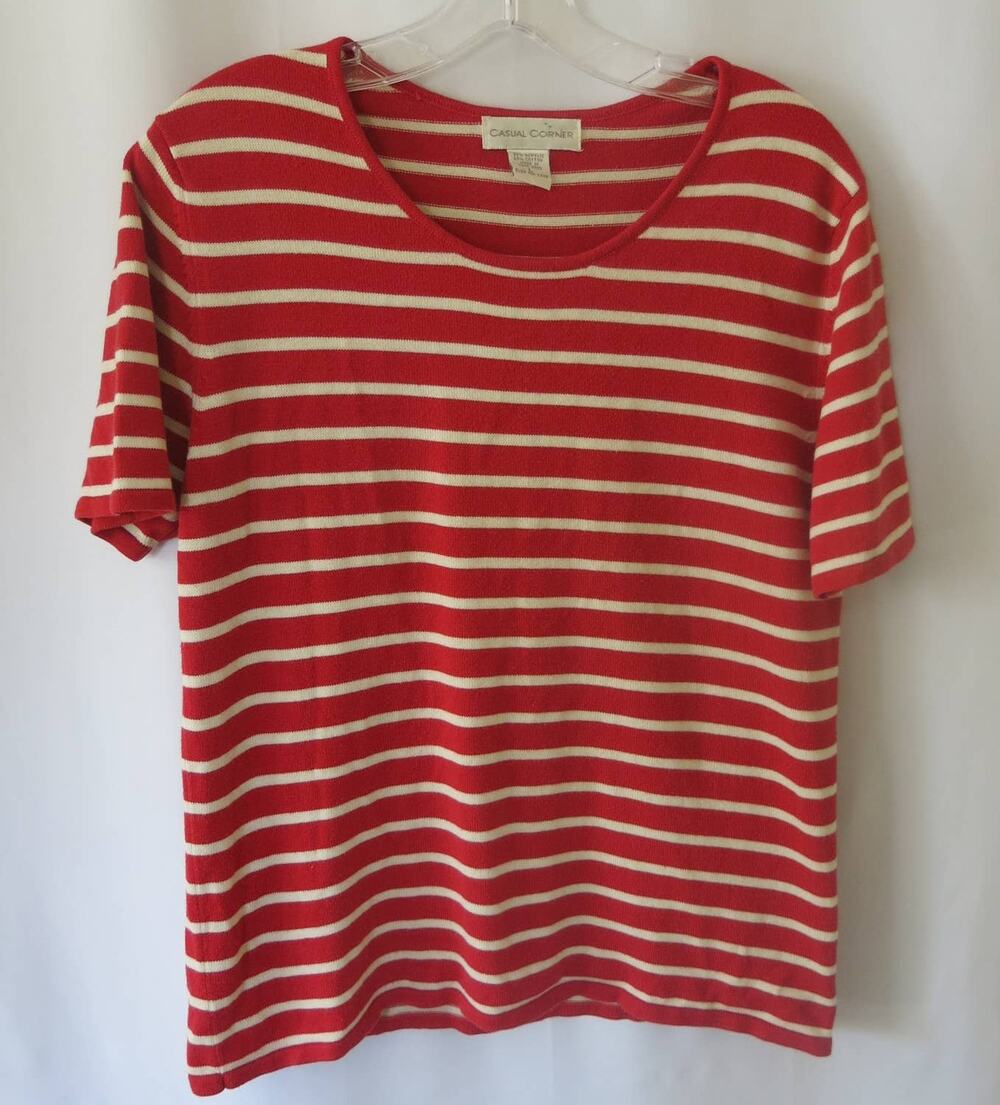 Vintage CASUAL CORNER Knit Sweater Top Size L Short Sleeve Red White Retro